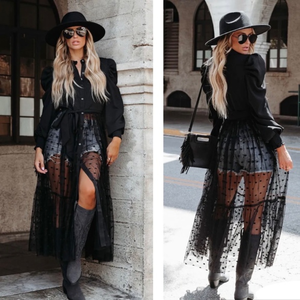 Flying Tomato Black Collar Button Down Puff Sleeve Lace Polka Dot Maxi Dress